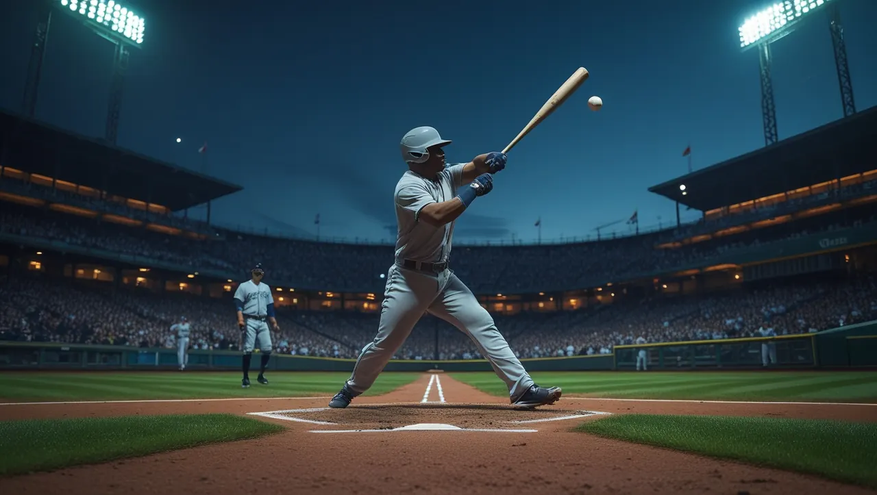 A batter connects for a home run on a summer night