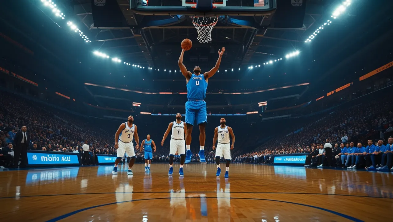 A player rises for a dunk in a full arena