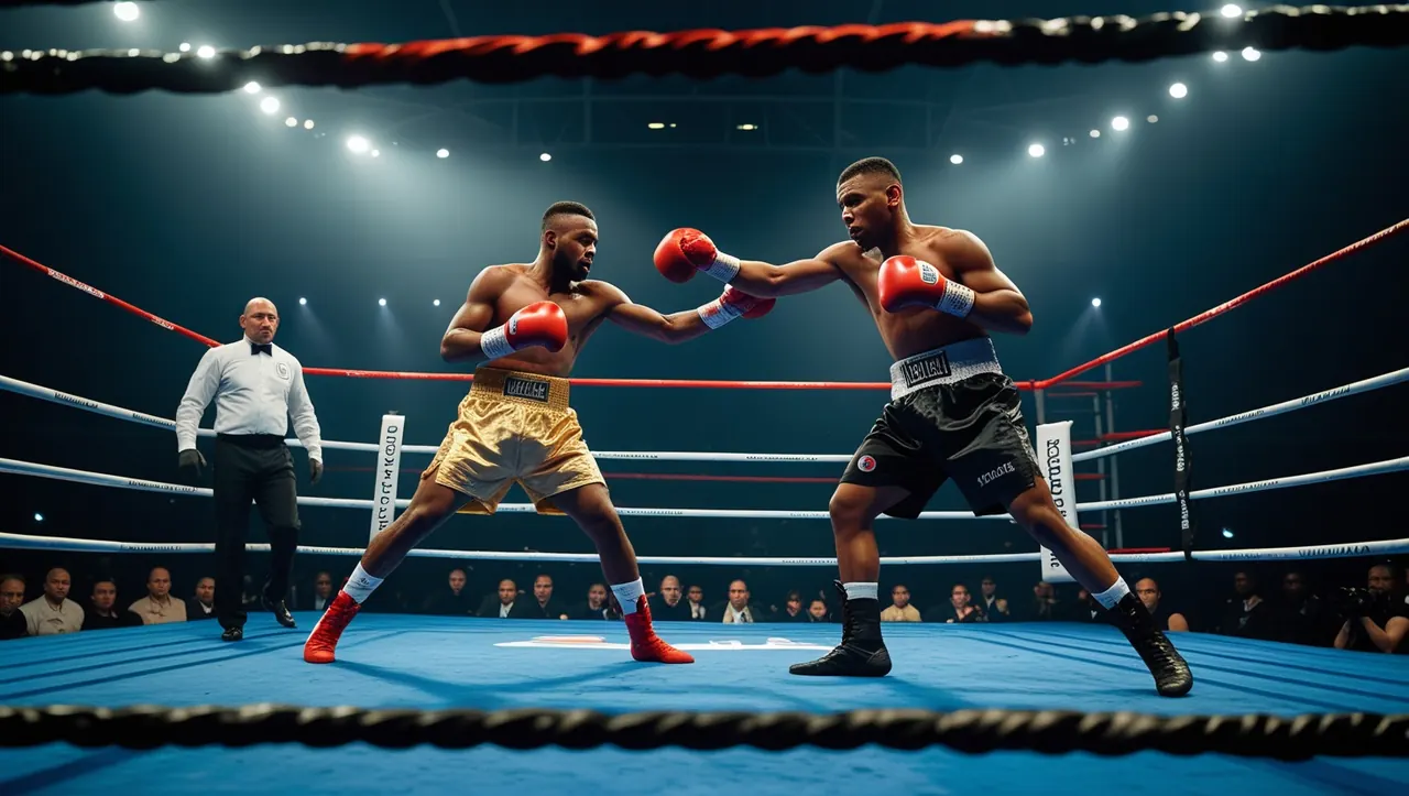 A boxer lands a punch under the ring lights