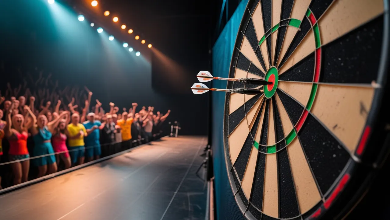 A dart lands in the treble twenty as the crowd cheers