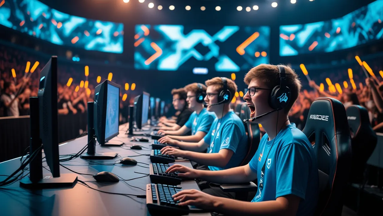 An esports team plays on stage in a full arena