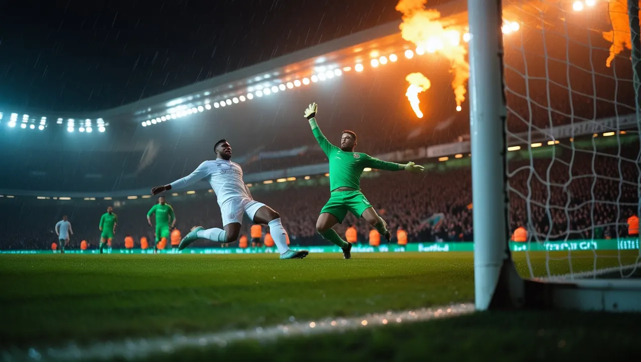 A striker scores as the crowd behind the goal rises to its feet