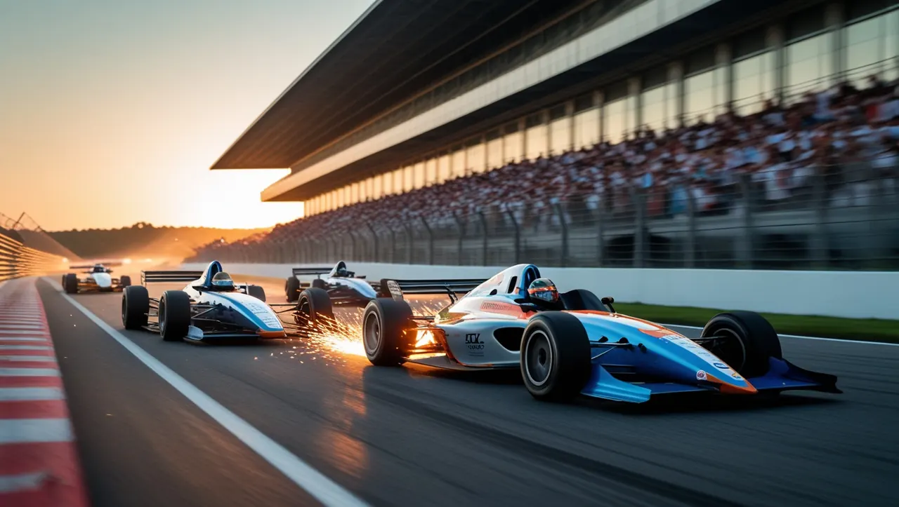 Single-seater race cars sweep through a corner at speed