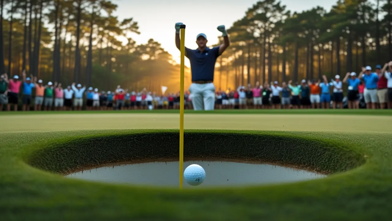 A golfer's putt drops into the hole as the gallery celebrates