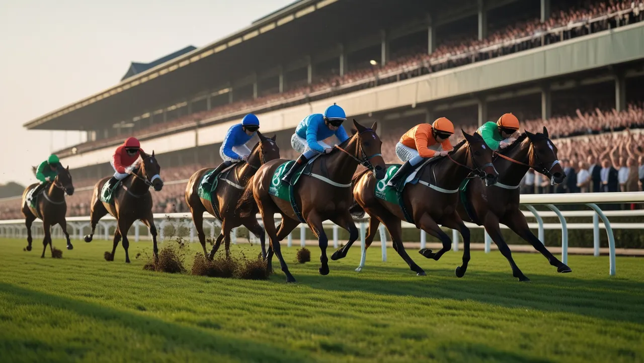 Racehorses gallop to the finish line as the grandstand cheers