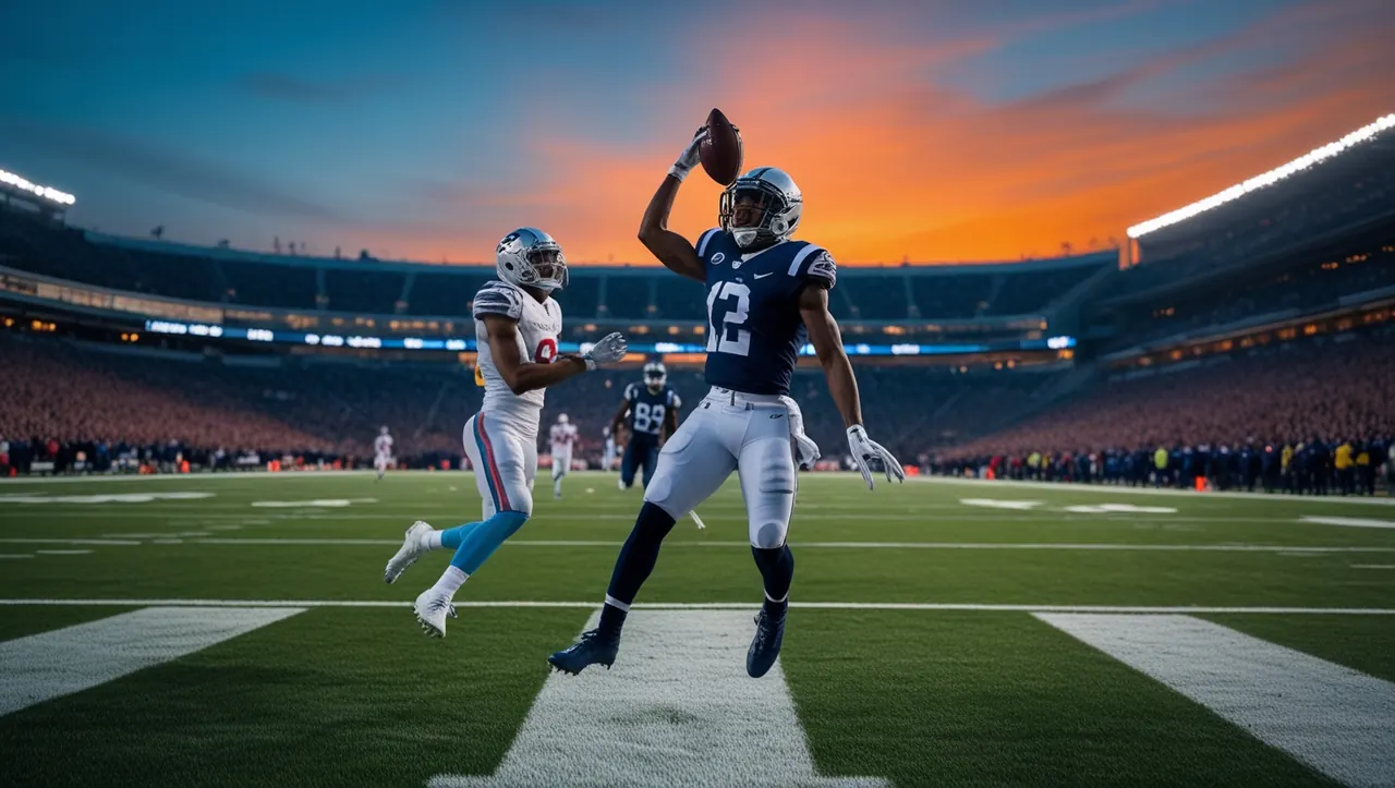 A receiver catches the ball in the end zone under the lights