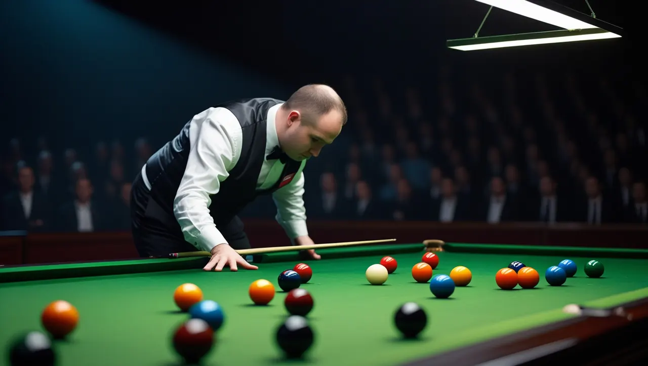 A snooker player lines up a shot on the black