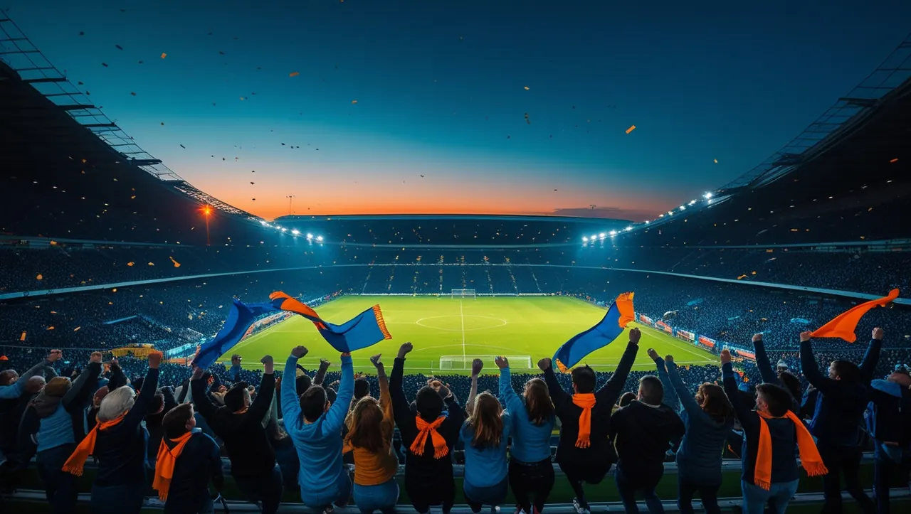 Fans celebrate in a stadium as the floodlights come on