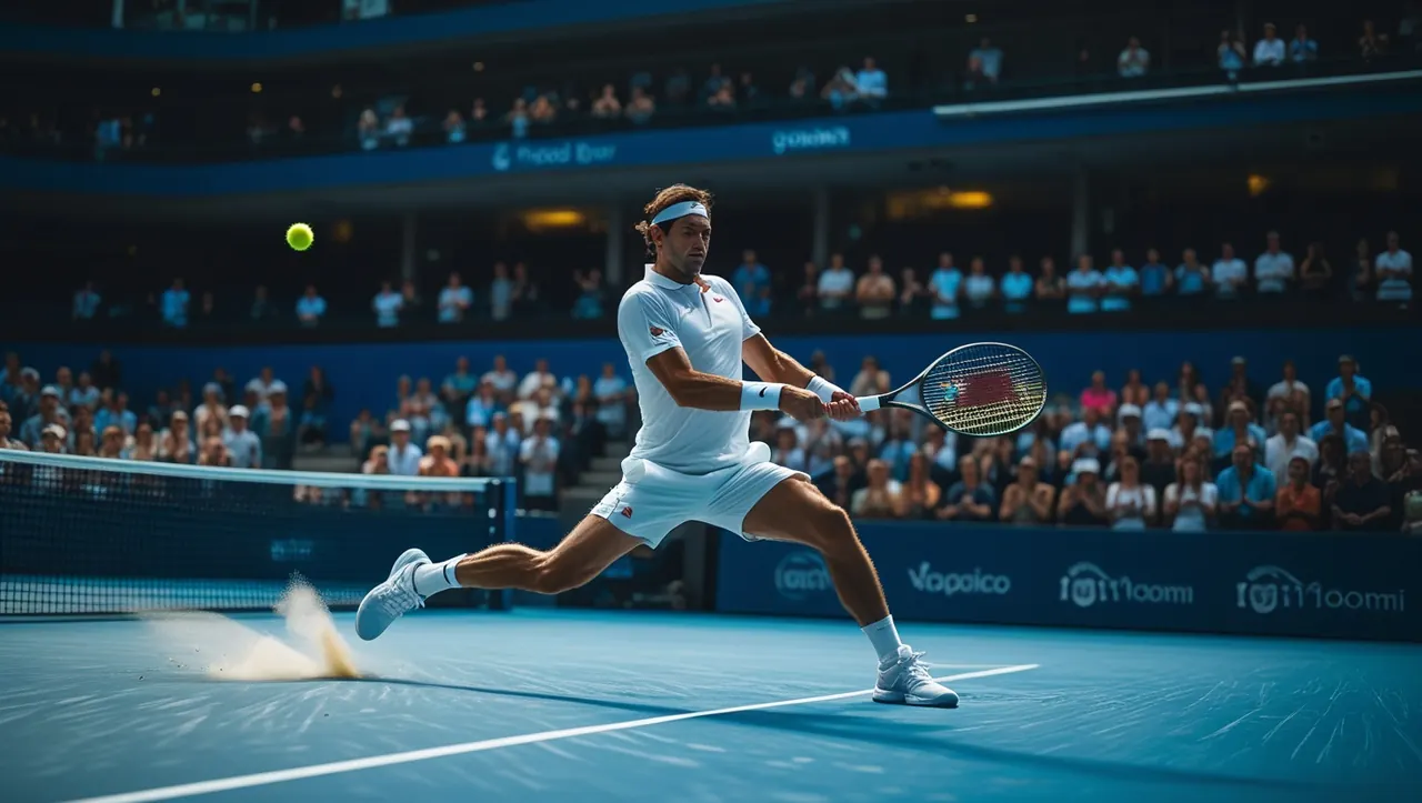 A player hits a forehand on a hard court in a packed stadium
