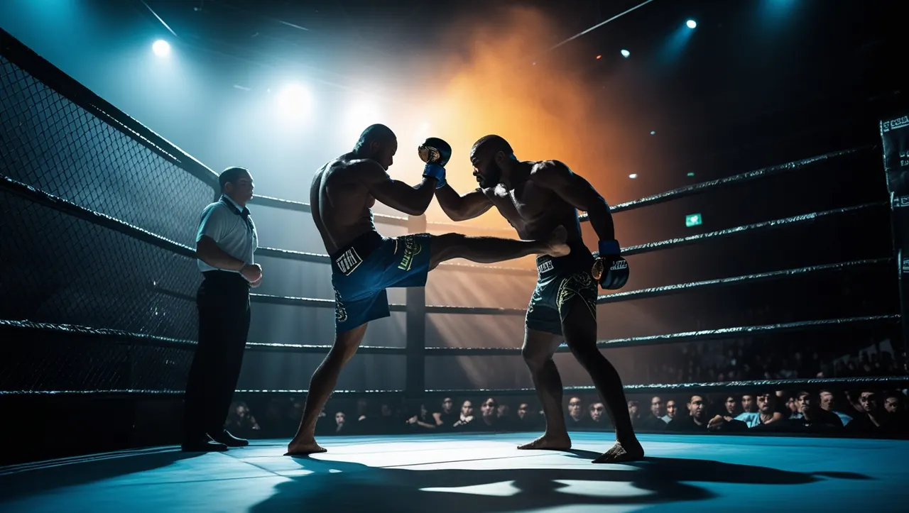 Two fighters exchange strikes inside the cage