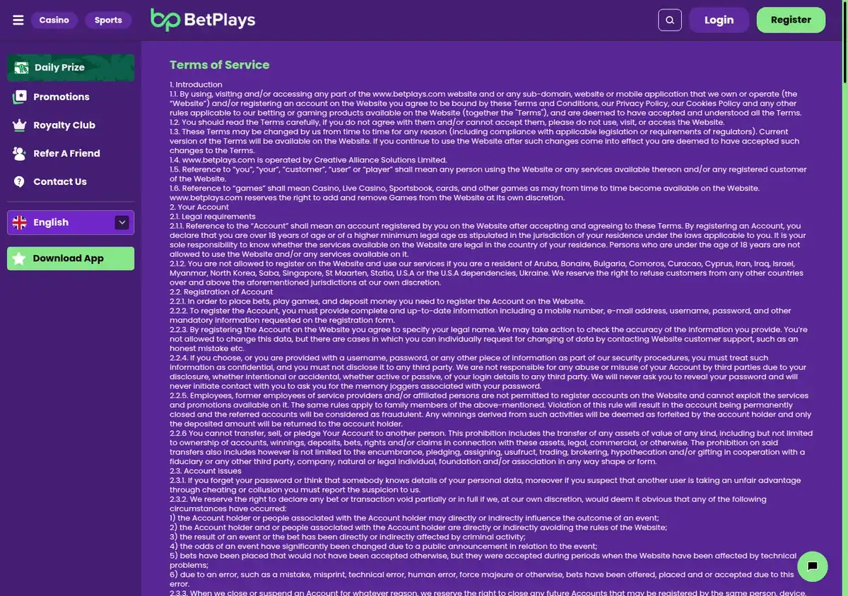BetPlays terms of service naming the operating company and the excluded residencies