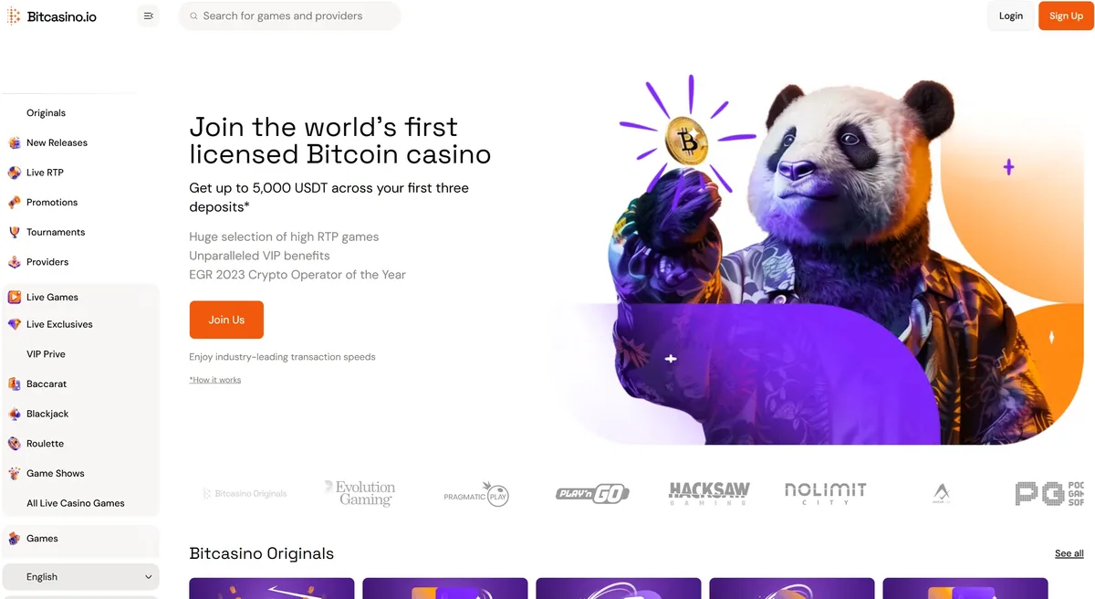 Bitcasino.io front page with its three-deposit welcome offer in USDT
