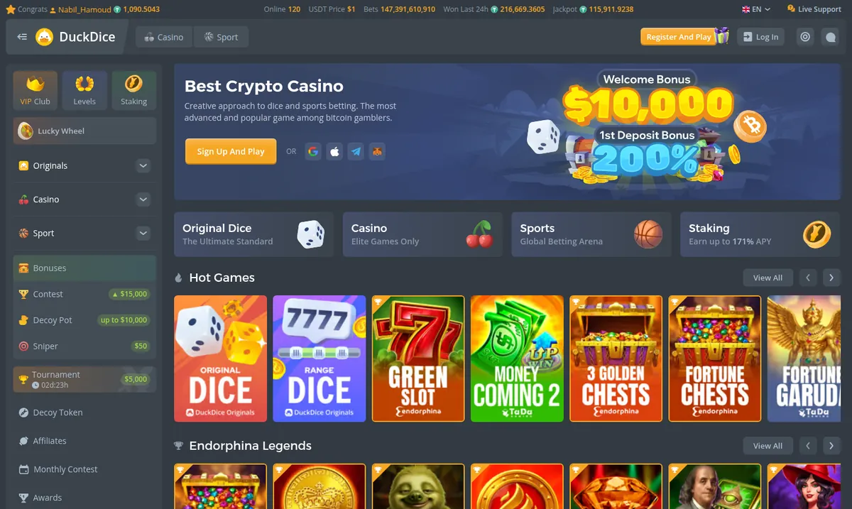 DuckDice lobby with its own dice game pinned above slots and sports