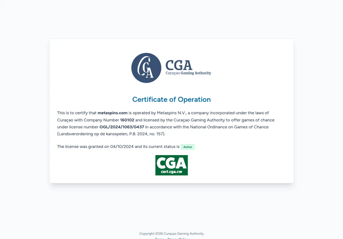 Curaçao Gaming Authority certificate of operation for metaspins.com