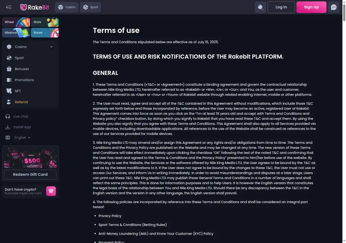 Rakebit terms of use, general section naming the counterparty