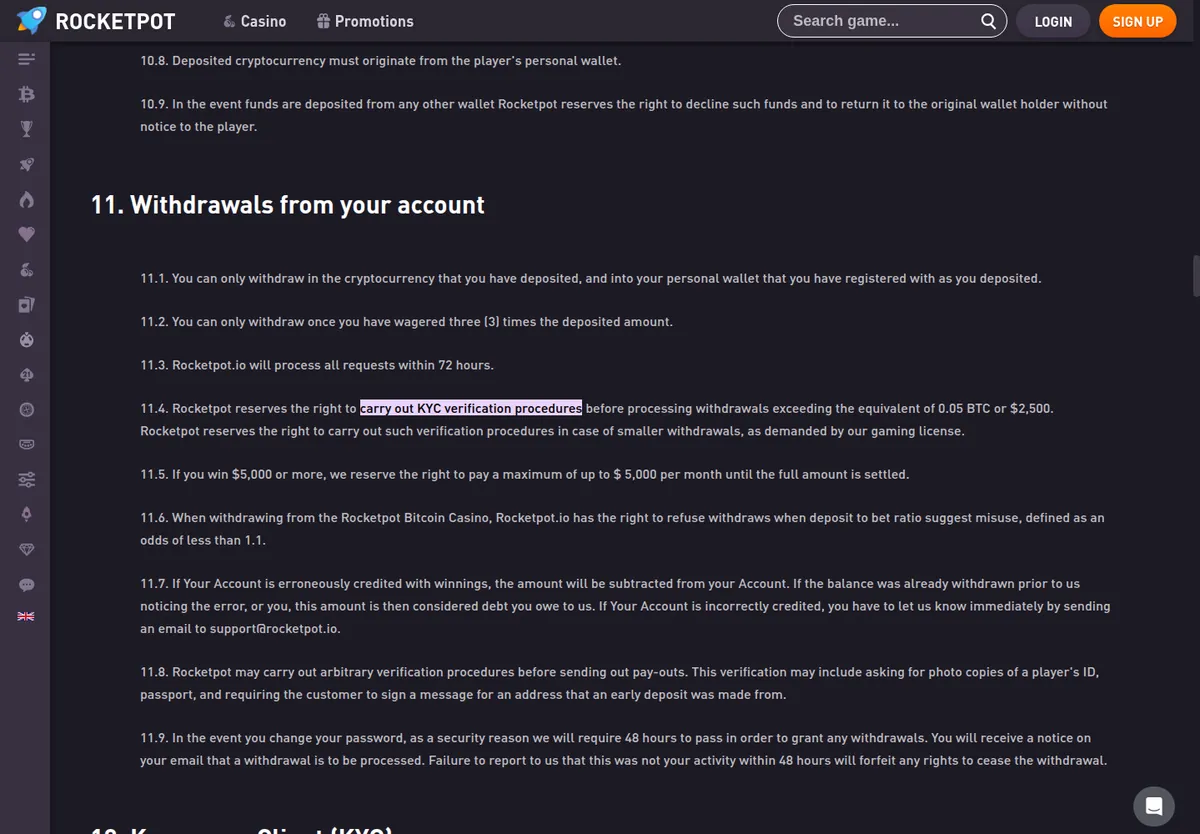 Rocketpot terms clauses 11.4 and 11.5 on identity checks and the monthly payout ceiling