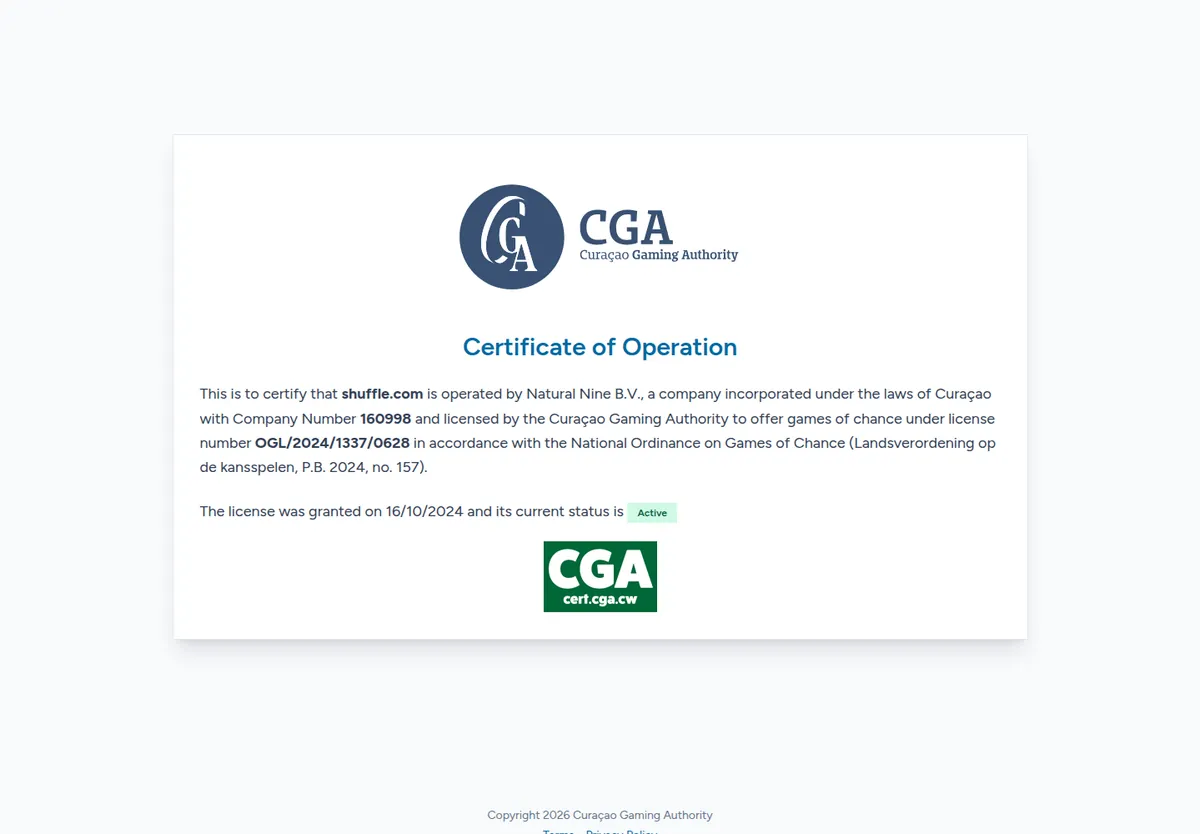 Curaçao Gaming Authority certificate of operation for shuffle.com