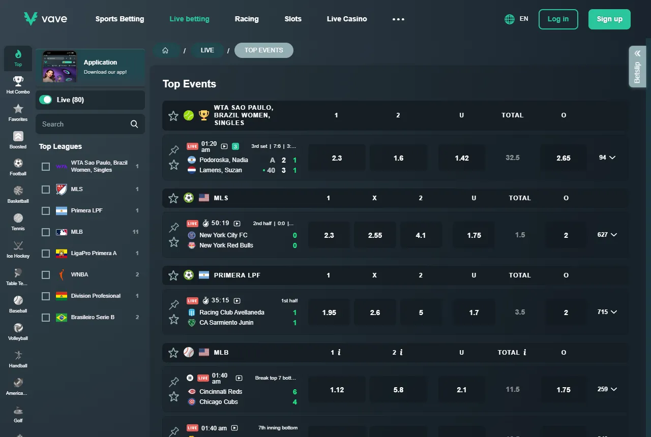 Vave live betting list with tennis, MLS, Argentine football and baseball in play