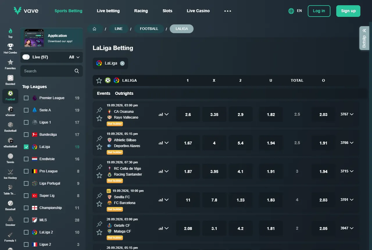 Vave sportsbook prematch list with decimal 1X2 prices for each fixture