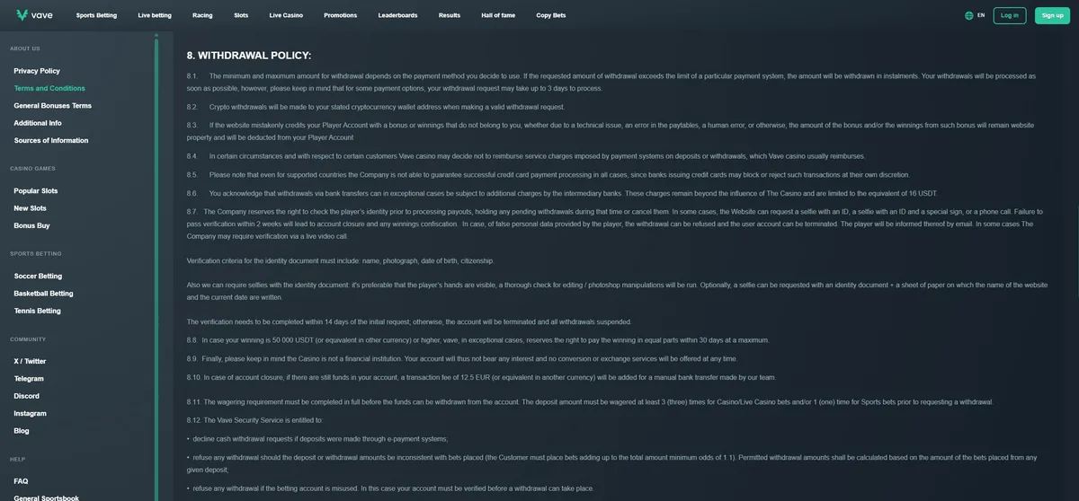 Section 8 of the Vave terms, the withdrawal rules, in full
