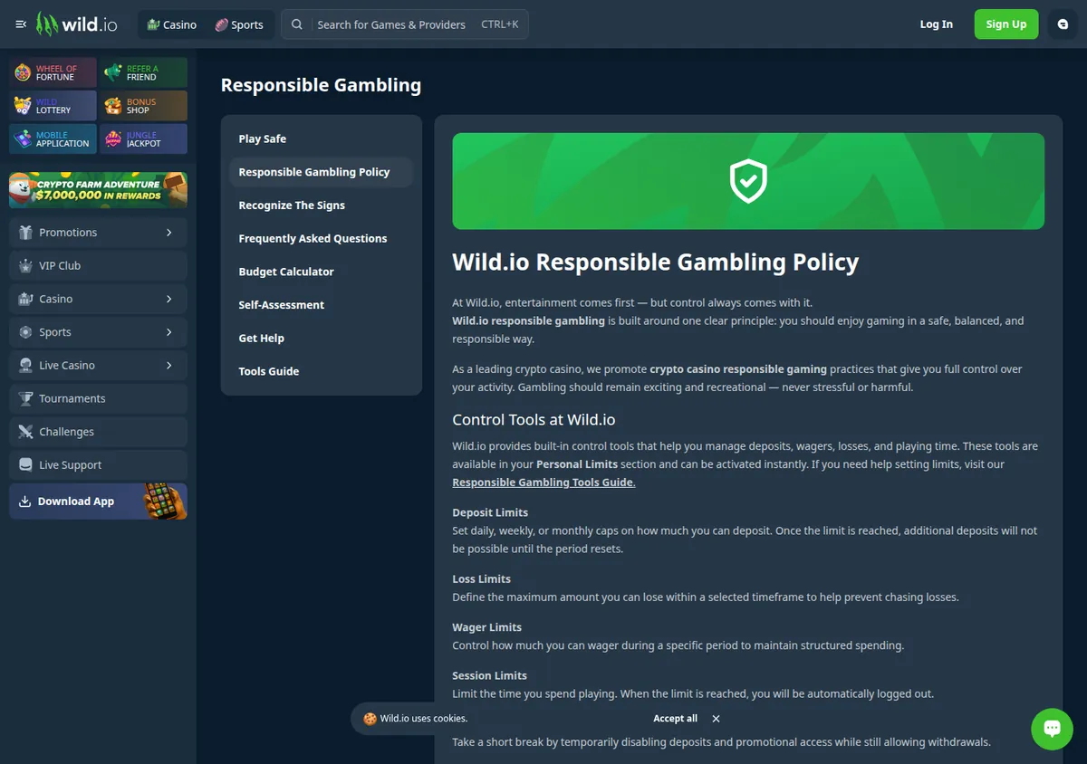 Wild.io responsible gambling page with the four limits a player can set